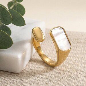 18k Gold Plated Stainless Steel Mother of Pearl Open Ring Adjustable Size 5-10